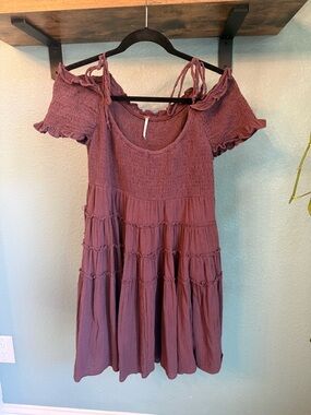 Free People Happy With You Mini Dress Smocked Off Shoulder Boho Size L